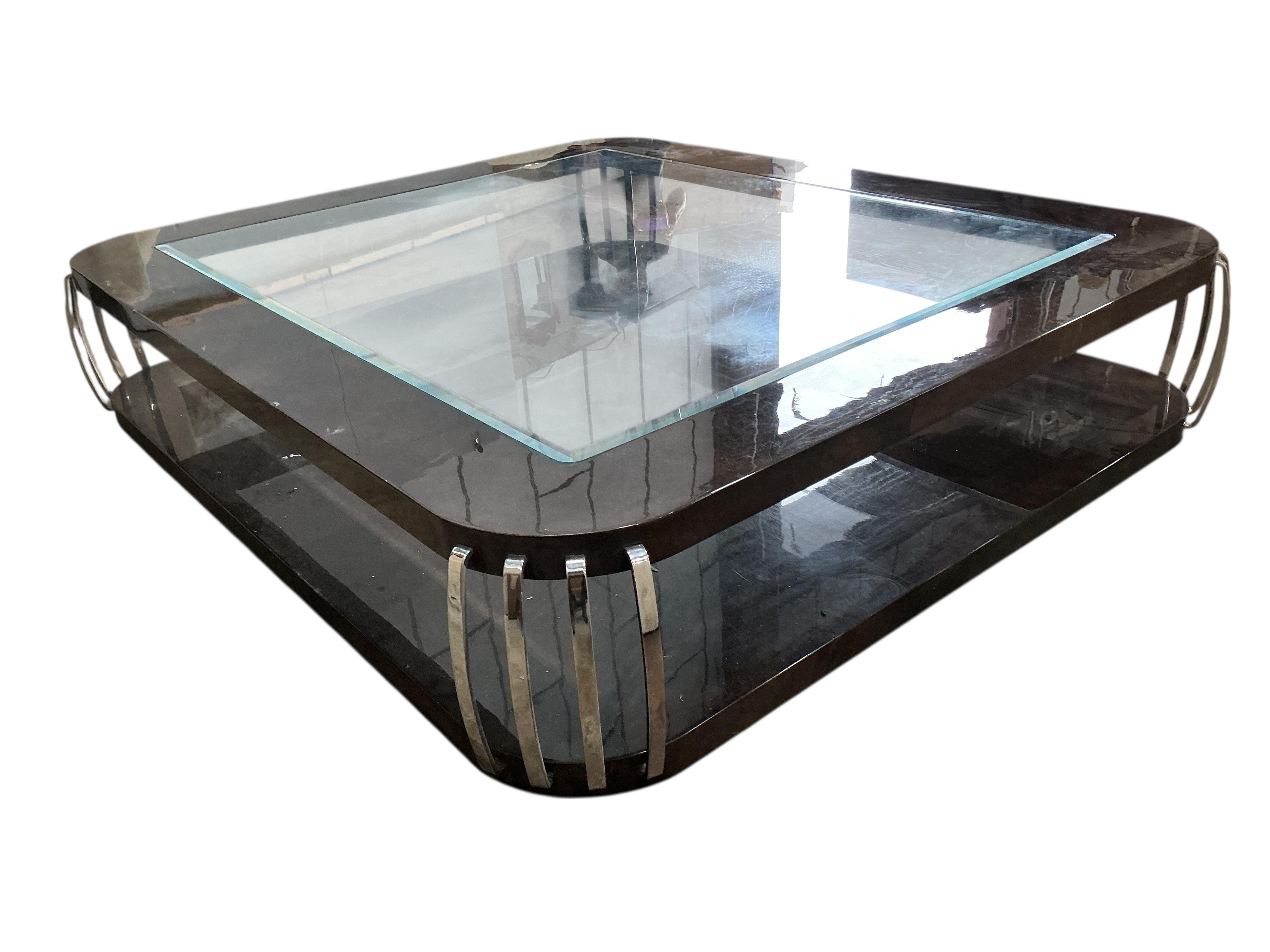 Sally Sirkin Lewis for J Robert Scott, a large rectangular Art Deco style lacquer and chrome coffee table, width 220cm, depth 190cm, height 37cm